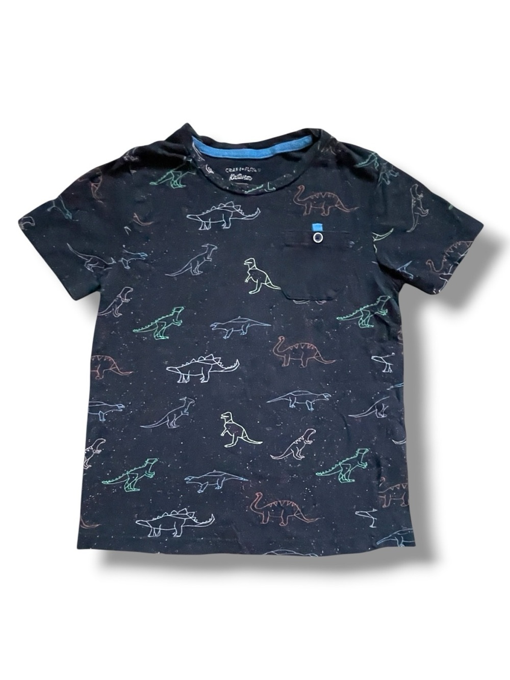 Craft + Flow Dinosaur Graphic Tee Boys 5 Medium Black Space Print Pocket T Shirt